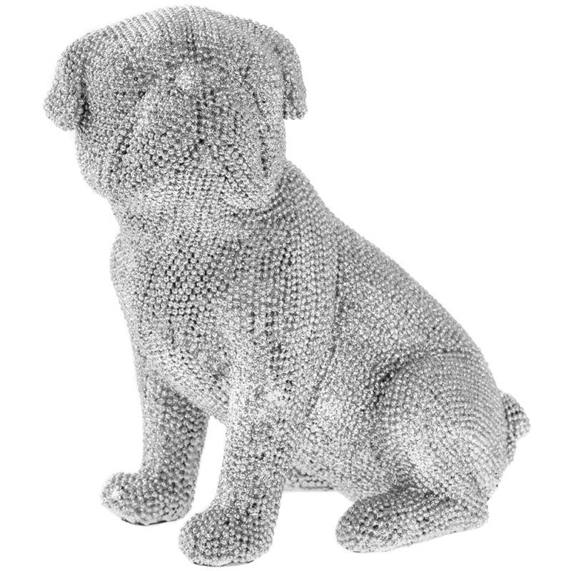 Sitting Pug Pet Ornament Silver Art Sparkling Diamante Dog